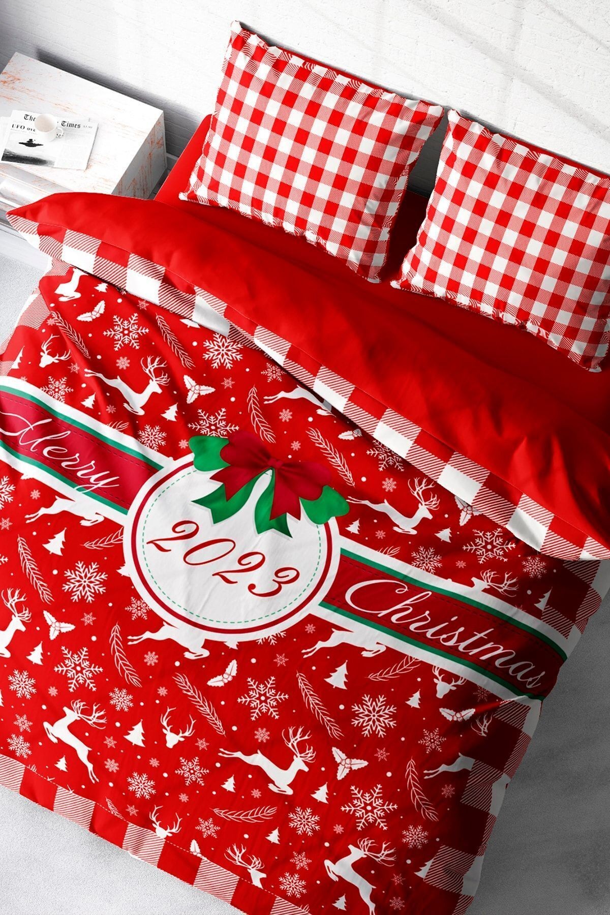 Yılbaşı Nevresim Takım %100 Doğal Pamuk Merry Christmas Çift Kişilik 2023