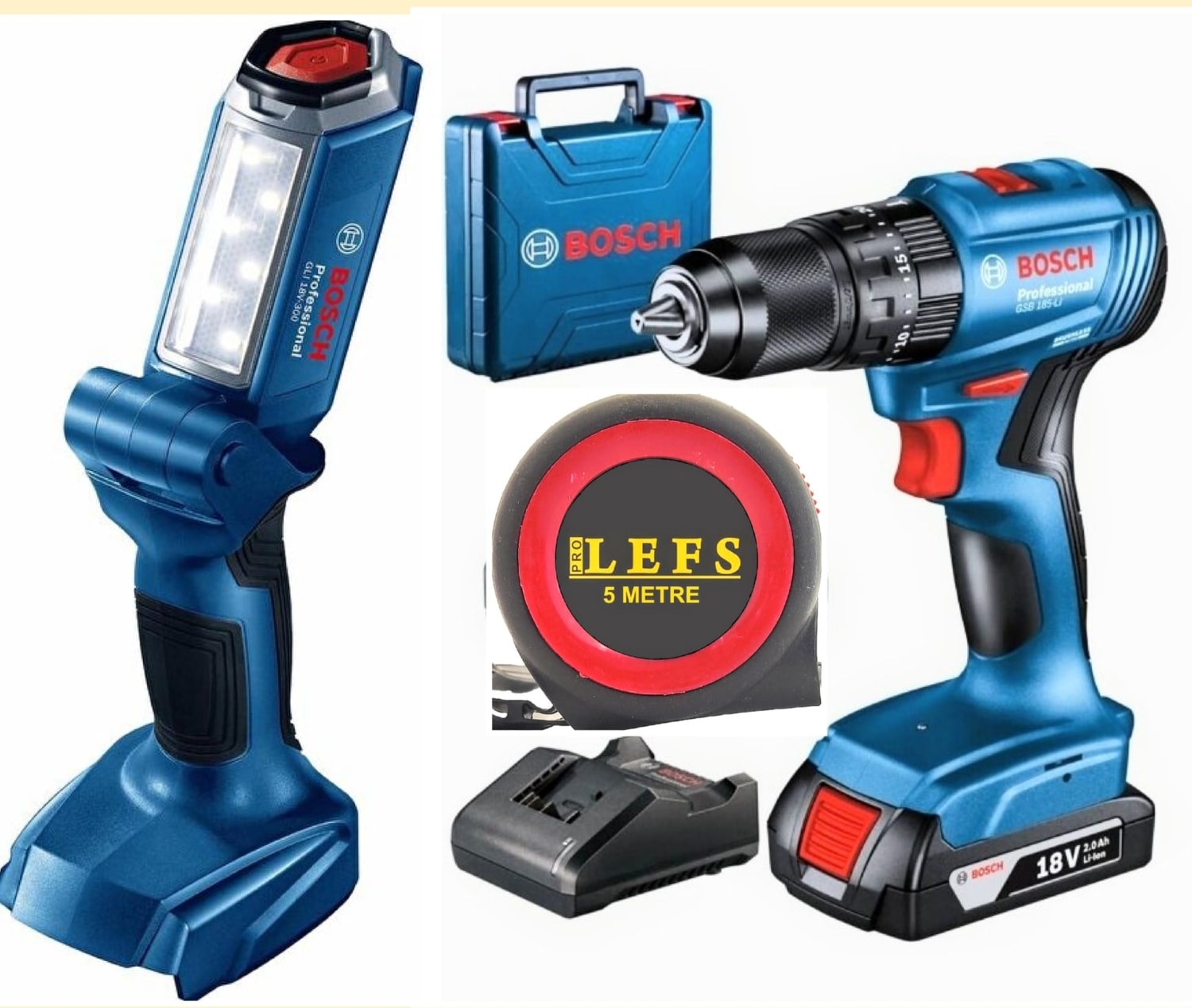 BOSCH Gsb 185 Li Tek Batarya Darbeli Matkap Vidalama ve  Glı 18 V-300 Şarjlı El Feneri