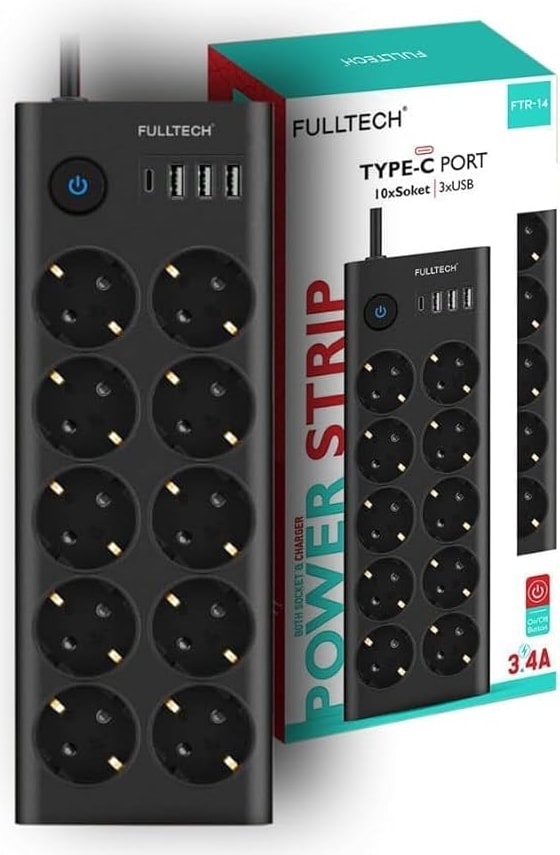 Type-C Port Girişli Akım Korumalı 10'lu Priz, 3 Usb, 1 Type-C Giriş, Isıya Dayanıklı, Grup Priz, Çoklu Uzatma Kablo (Siyah)