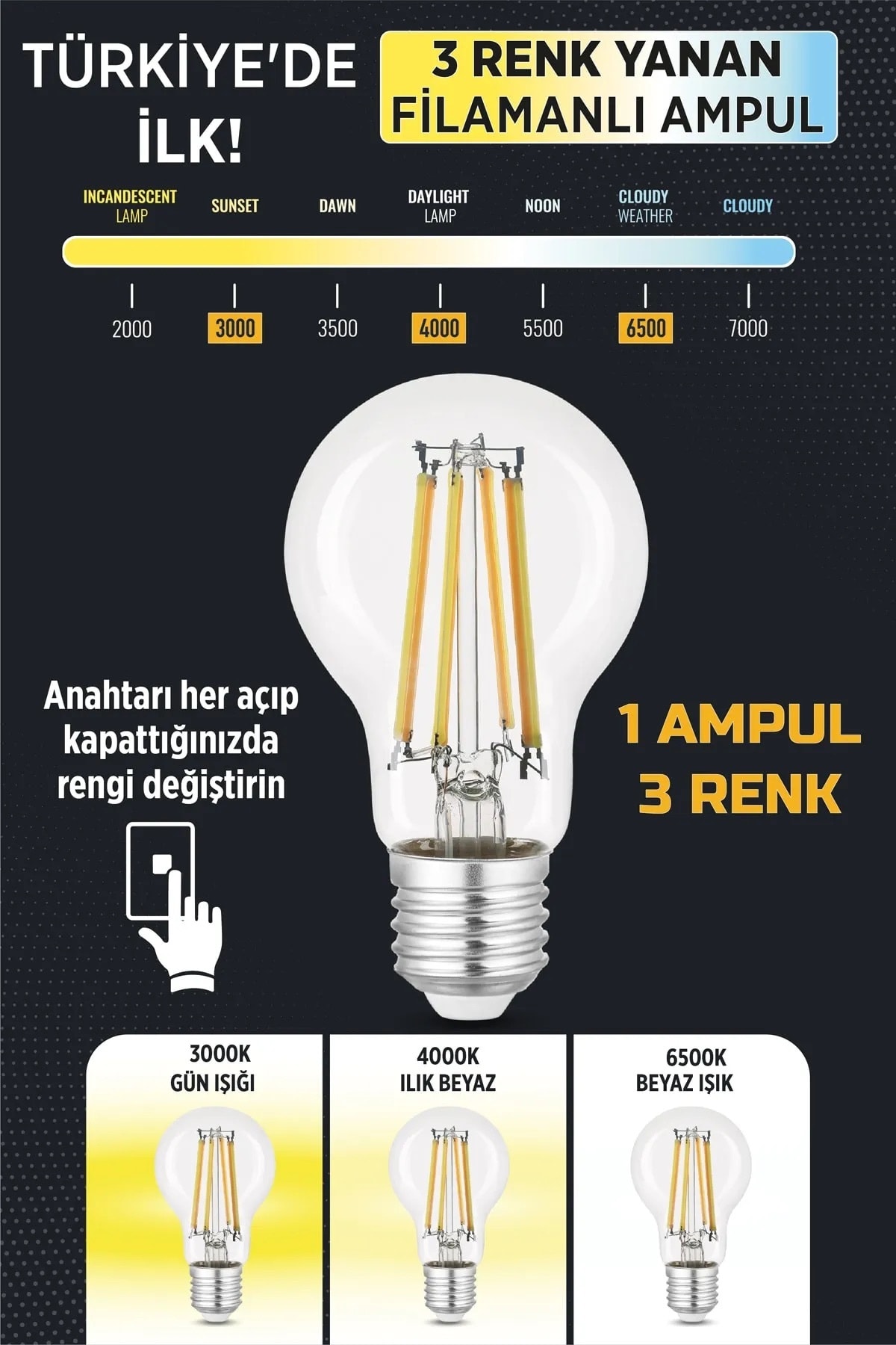 3 Renkli Led Filament Rustik Ampul 6w E27 A60