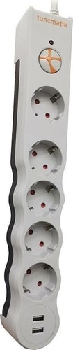 Beşli Enerji Koruma Prizi +2 Usb-Beyaz