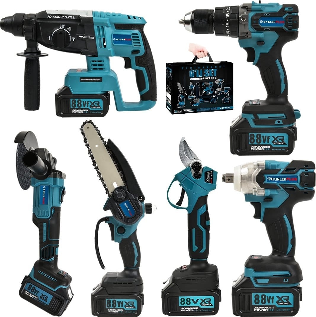 Akülü Süper 6lı Set Makina 88VF 5AH 125MM Avuç Taşlama, Sds Plus Kırıcı Delic, Somun Sıkma Sökme, Vidalama Matkap, Budama Testere, Budama Makası EEA397