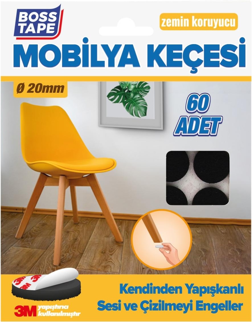 3M Yapışkanlı 60 Adet 20MM Siyah Mobilya Sandalye Masa Ayağı Keçesi