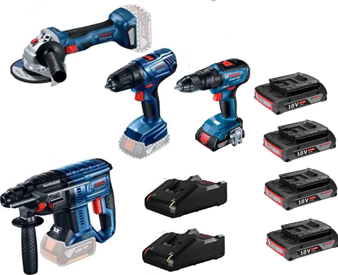 BOSCH GBH180+GWS180+GSR180+GSB18+4 Adet 2 Ah Akü+ 2 Adet Dolum Cihazı
