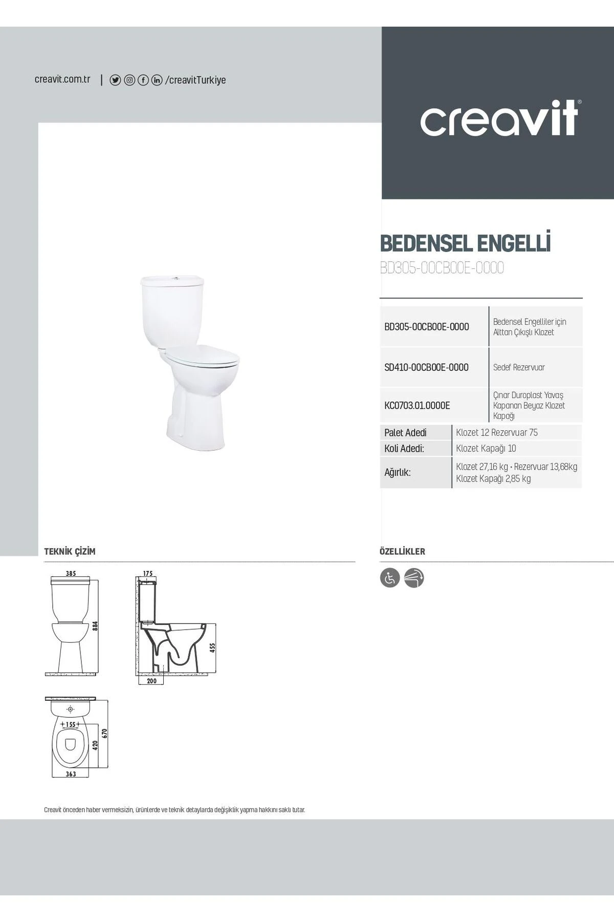 Bedensel Engelli Alttan Çıkışlı Klozet + Rezervuar + İç Takım + Çınar Yavaş Kapanan Kapak 4