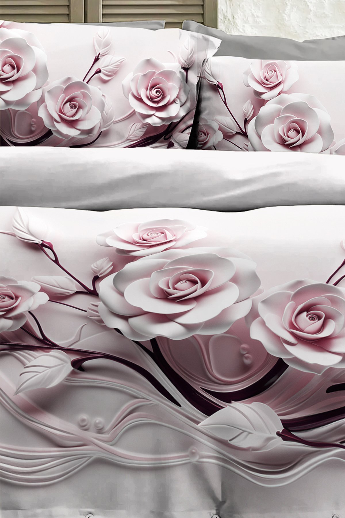 %100 PAMUK Ranforce Çeyizlik Luxury 5D Dijital Çift Kişilik Nevresim Takımı Rose