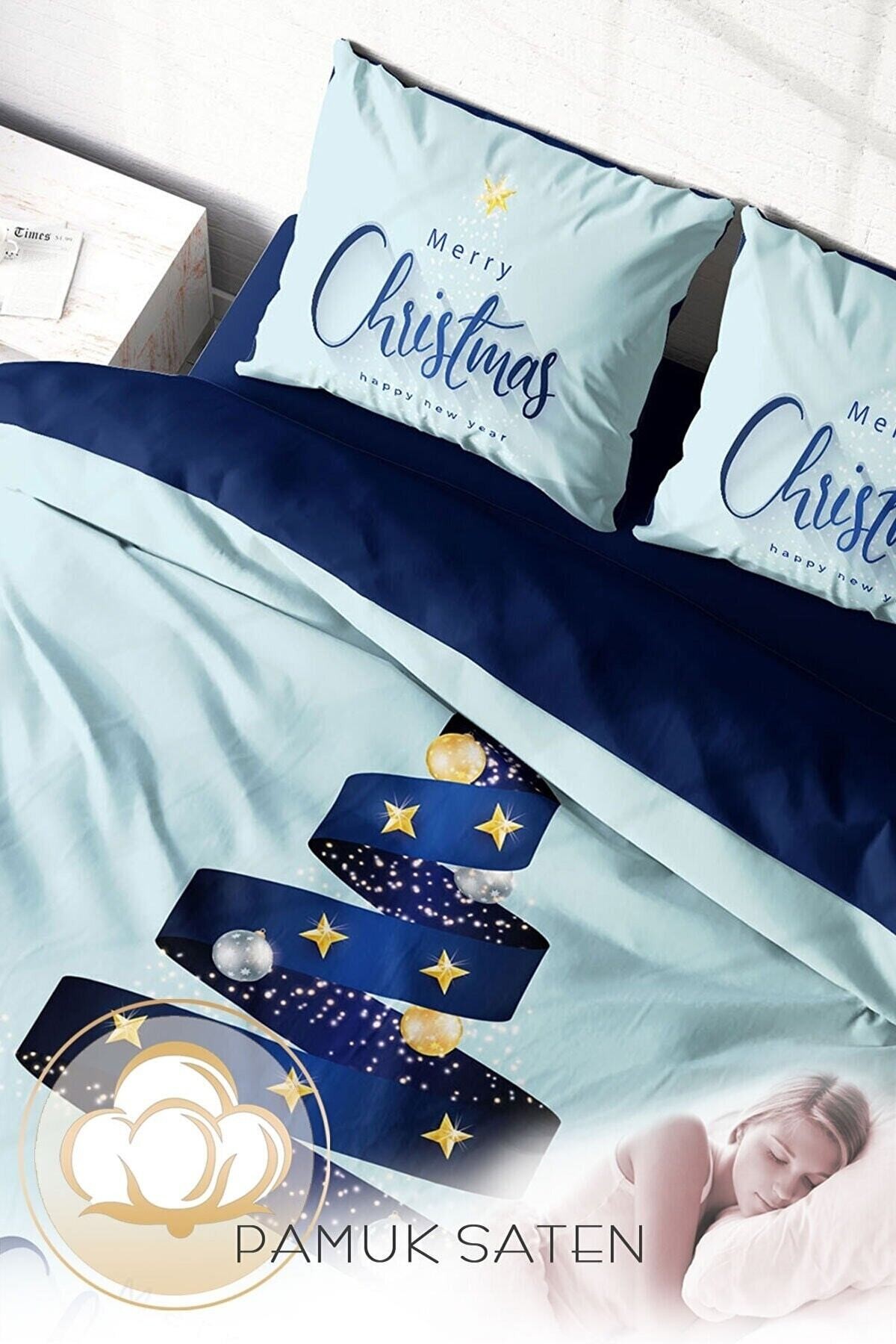 Kıng Sıze Yılbaşı Süsü Blue Star Noel %100 Pamuk Saten 3d Çift Kişilik Nevresim Takımı 220x240cm