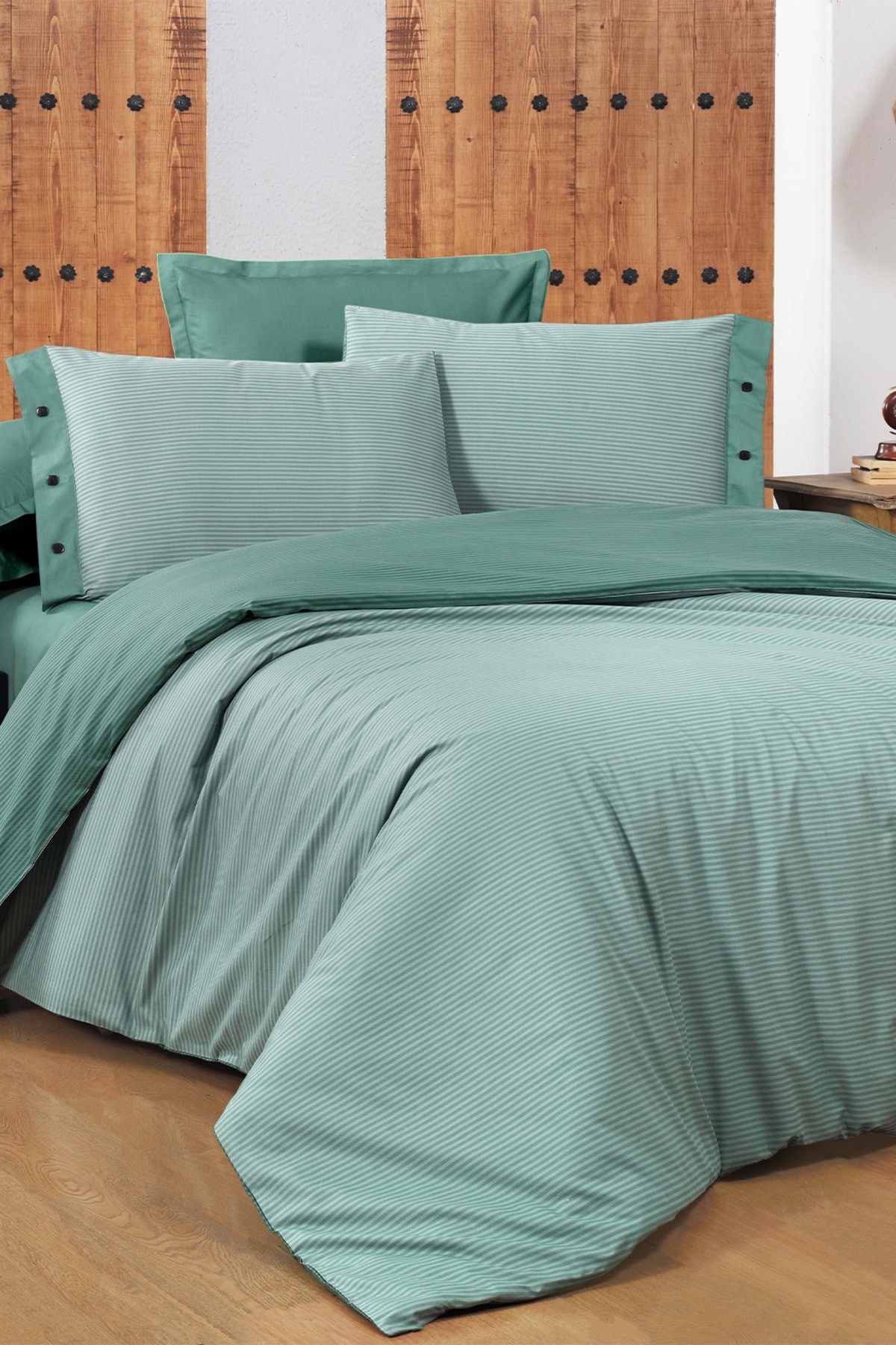 New Fancy Stripe Koyu Yeşil King Size (battal Boy) %100 Pamuk Çizgili Nevresim Takımı