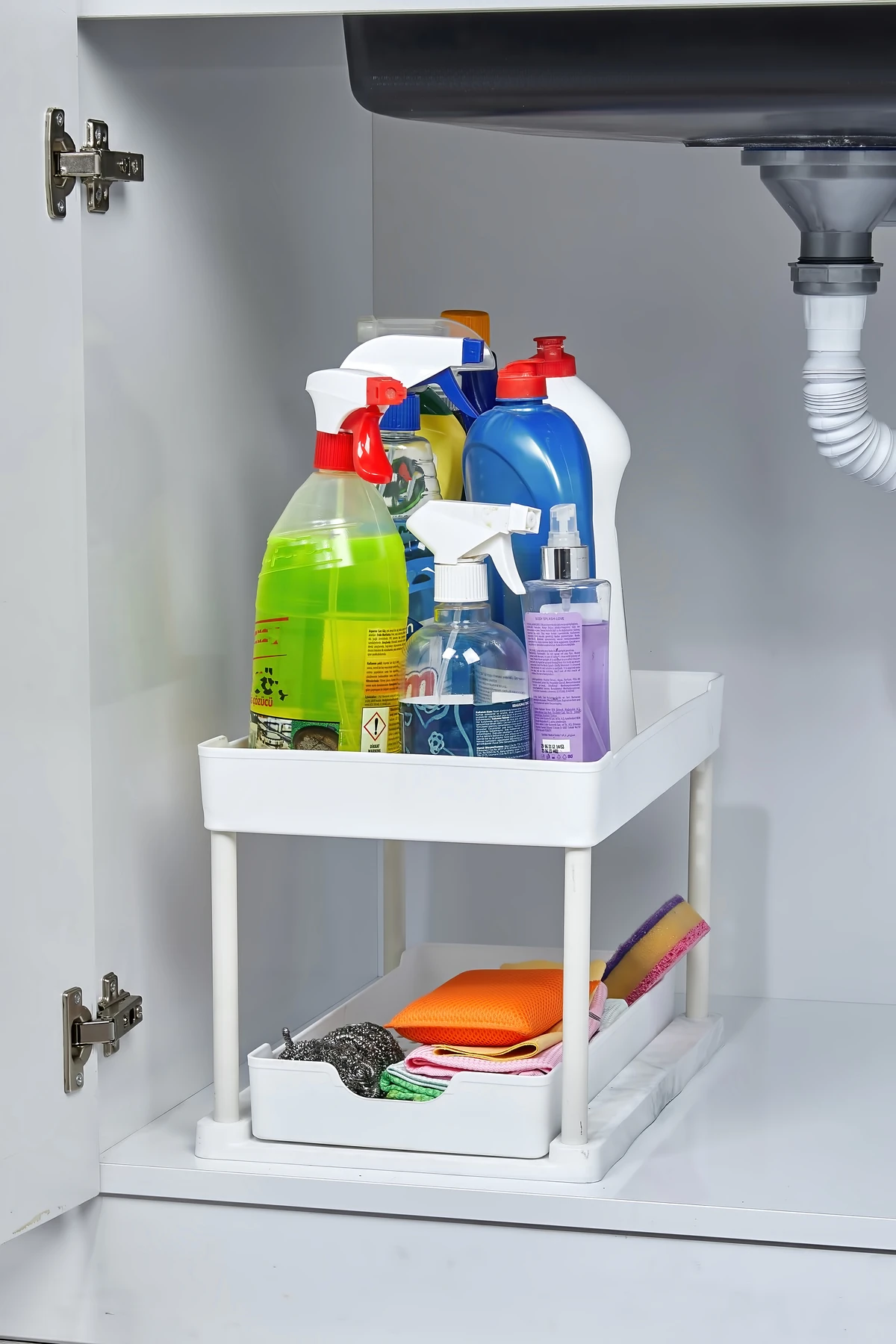 Beyaz 2 Katlı Sürgülü Dolapiçi Mutfak Banyo Dolap Tezgah Altı Evye Altı