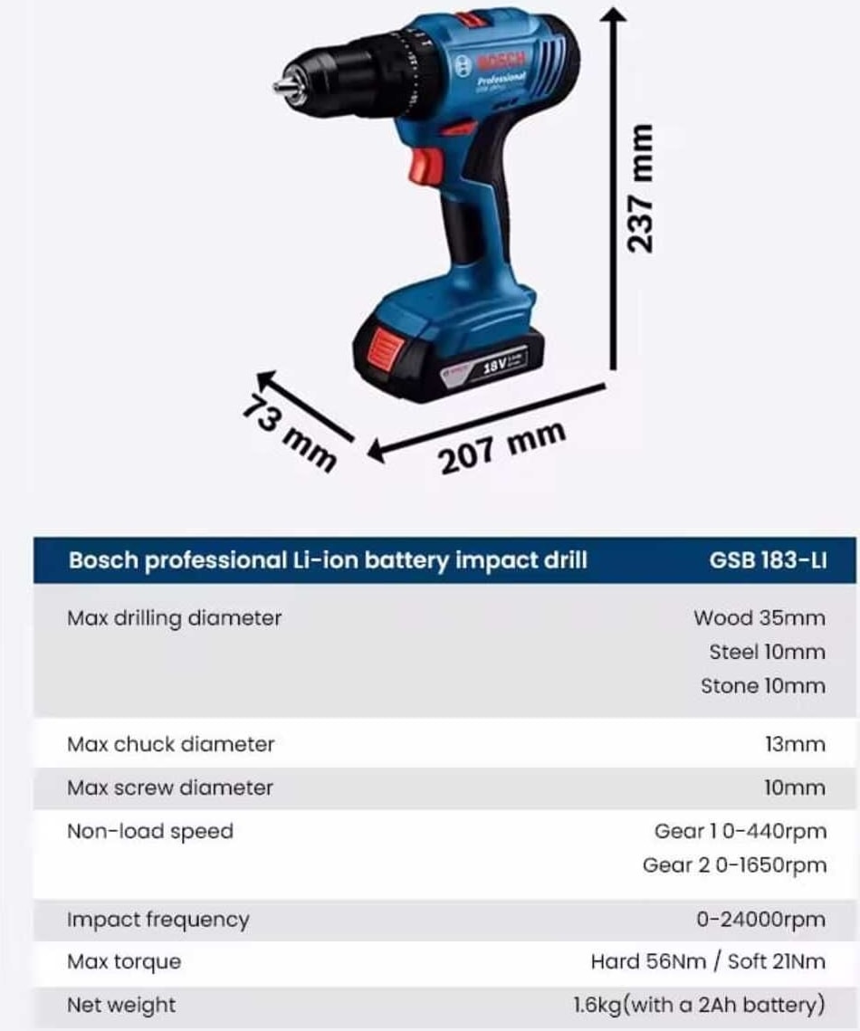 BOSCH Gsb 183 Li Tek Bataryalı Darbeli Matkap Vidalama ,  173 Parça Matkap Ucu Seti ve Metre