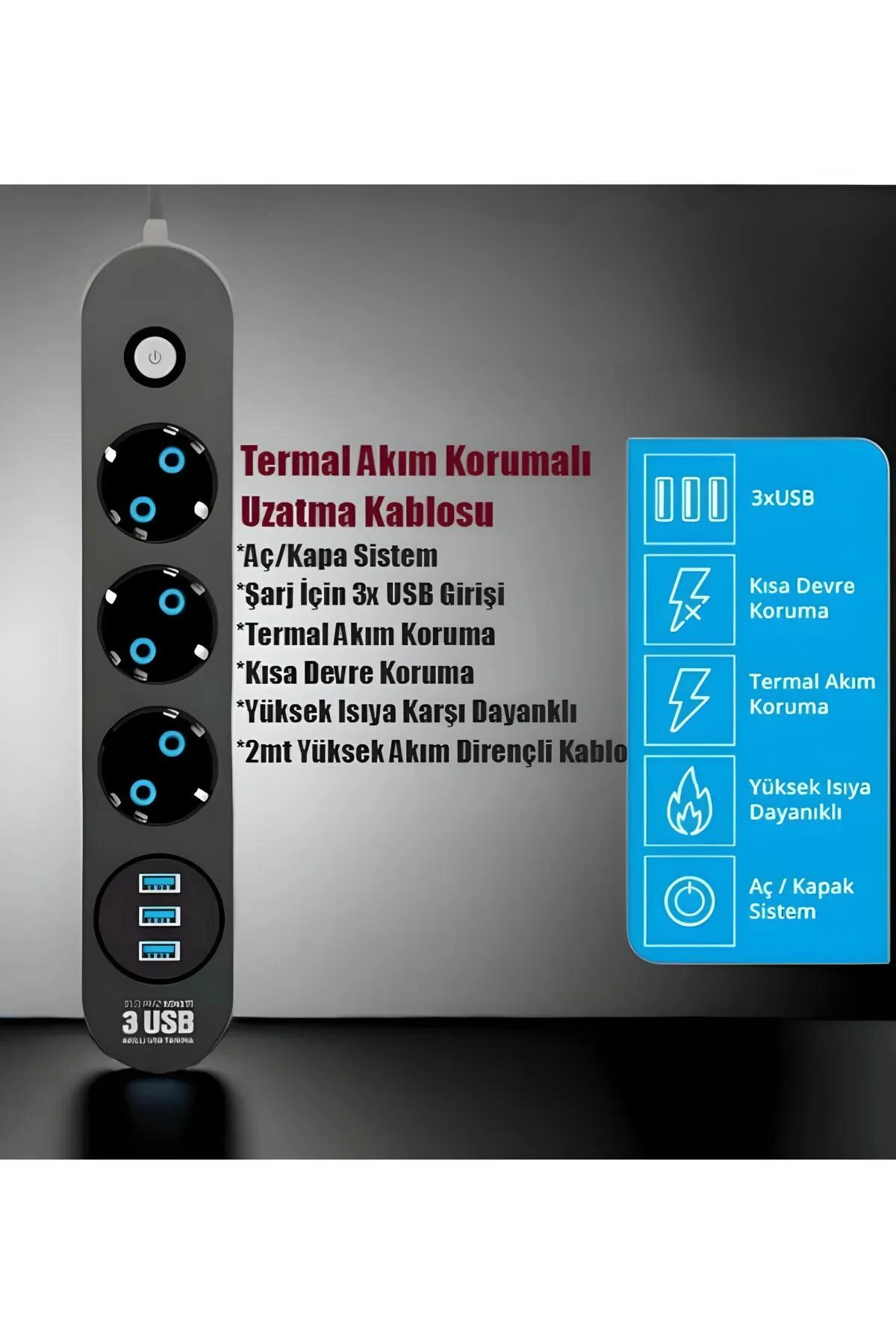Termal Akım Korumalı Akıllı 3 Lü Grup Priz Ve 3 Lü USB Şarj Portlu 2 Metre Uzatma