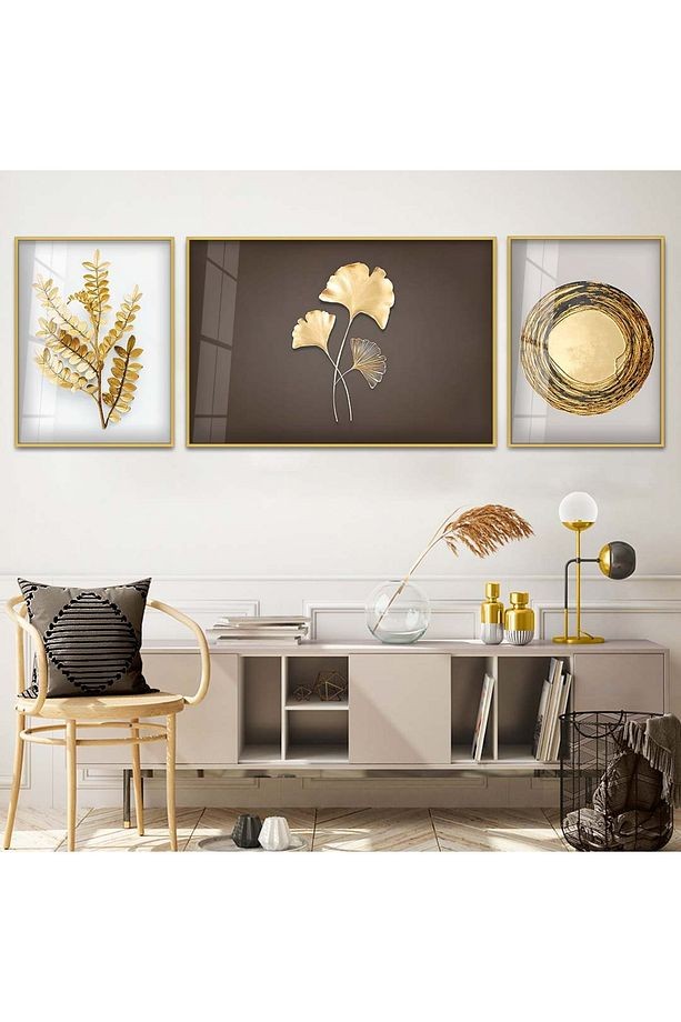 Gold Metal Çerçeveli Kolaj Çizim Altın Çiçek Üçlü Kırılmaz Cam Tablo Seti