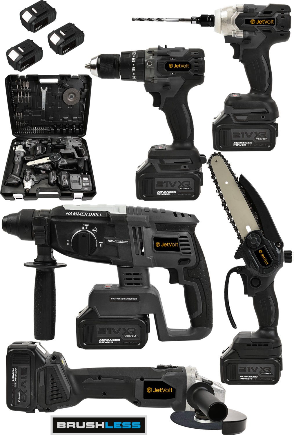 21V 2.0AH Kömürsüz Darbeli 5'li Set Şarjlı Hilti + Taşlama + Somun Sıkma + Akülü Vidalama + Budama Testeri - Siyah