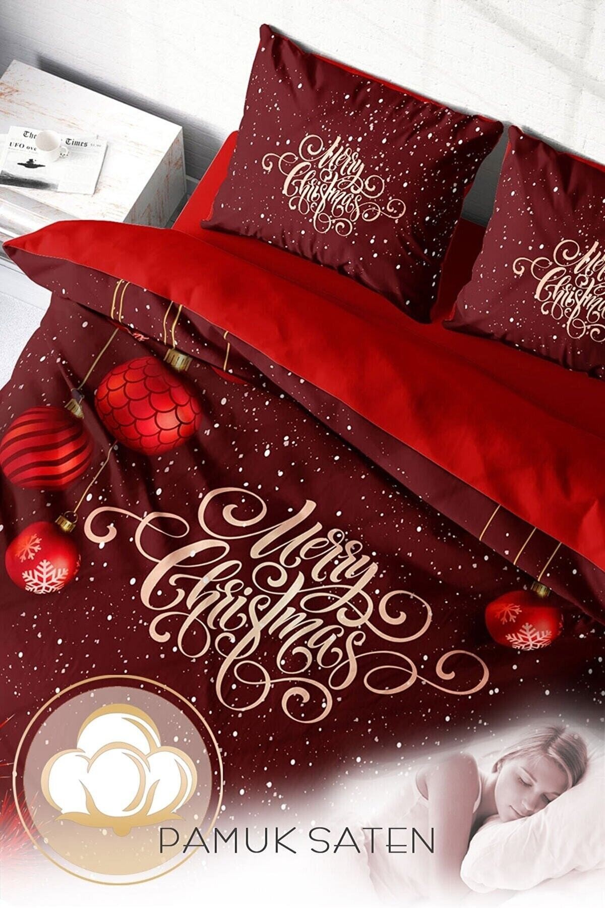 Kıng Sıze Yılbaşı Süsü Red Ball Noel %100 Pamuk Saten 3d Çift Kişilik Nevresim Takımı 220x240cm