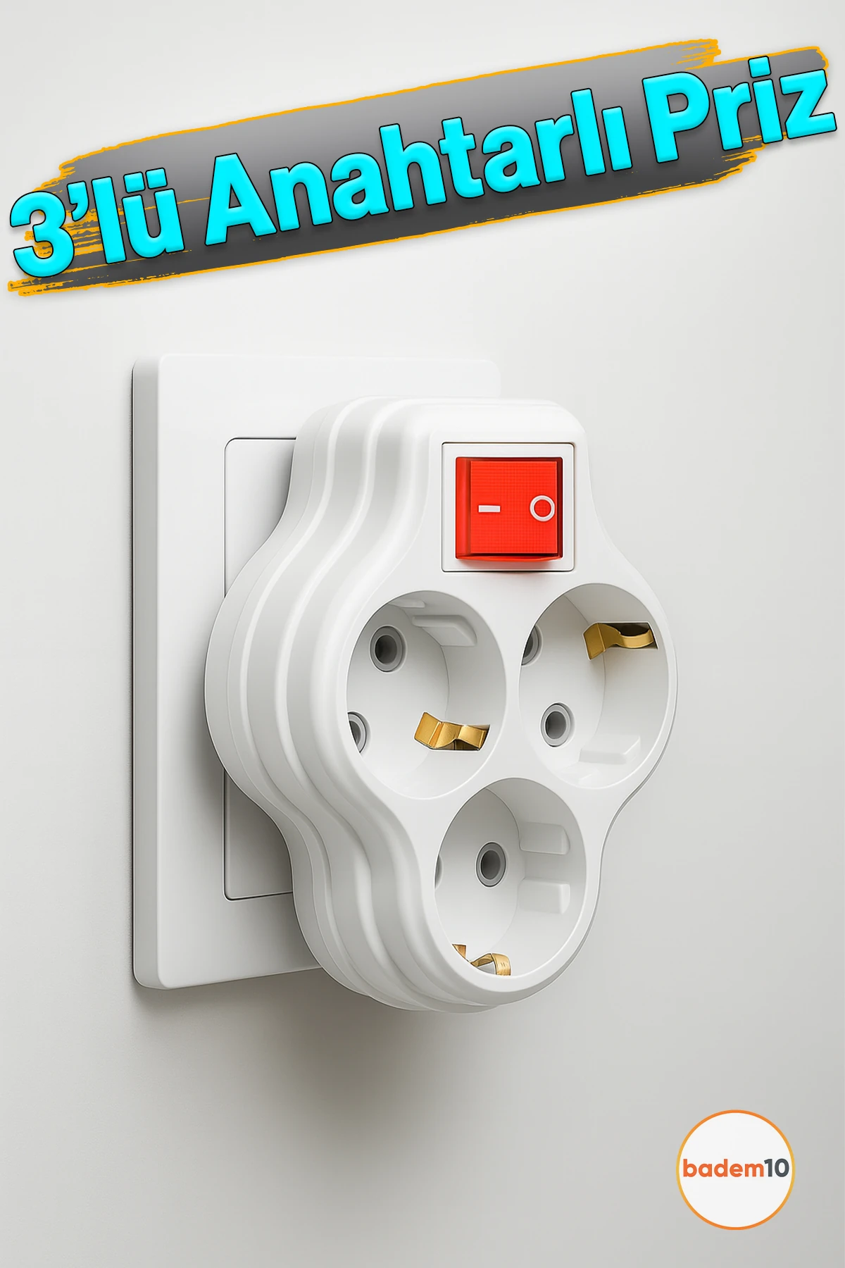 3'lü Beyaz Grup Priz Golyat Düğmeli Fiş Kablosuz Açma Kapamalı Anahtarlı Topraklı Çoklu Çoğaltıcı