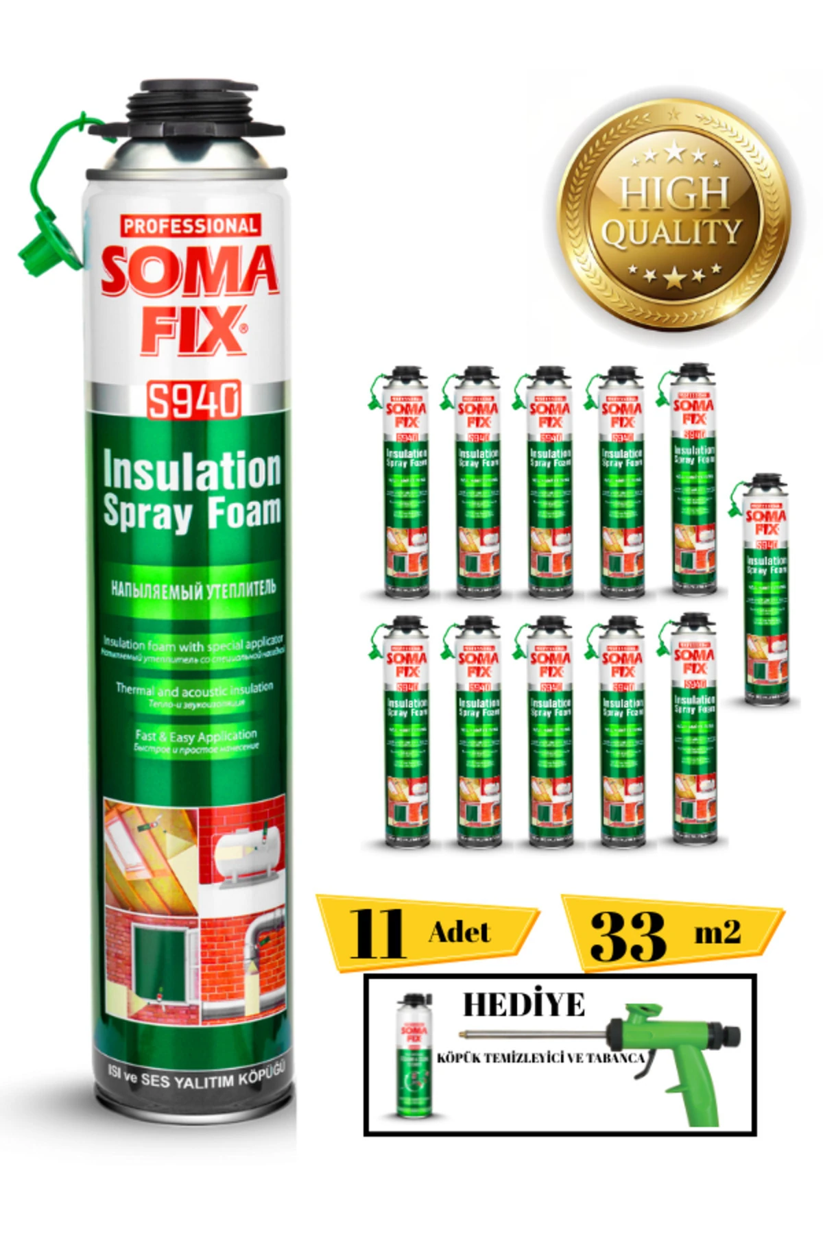 Poliüretan Termal Isı Ve Ses Yalıtım Sprey Köpük (11 ADET) Tabanca Ve Temizleyici Hediyeli