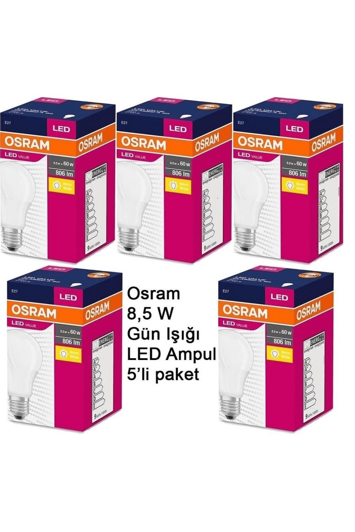 Led Value Ampul Sarı Işık 8.5 W 60Watt 5 Adet