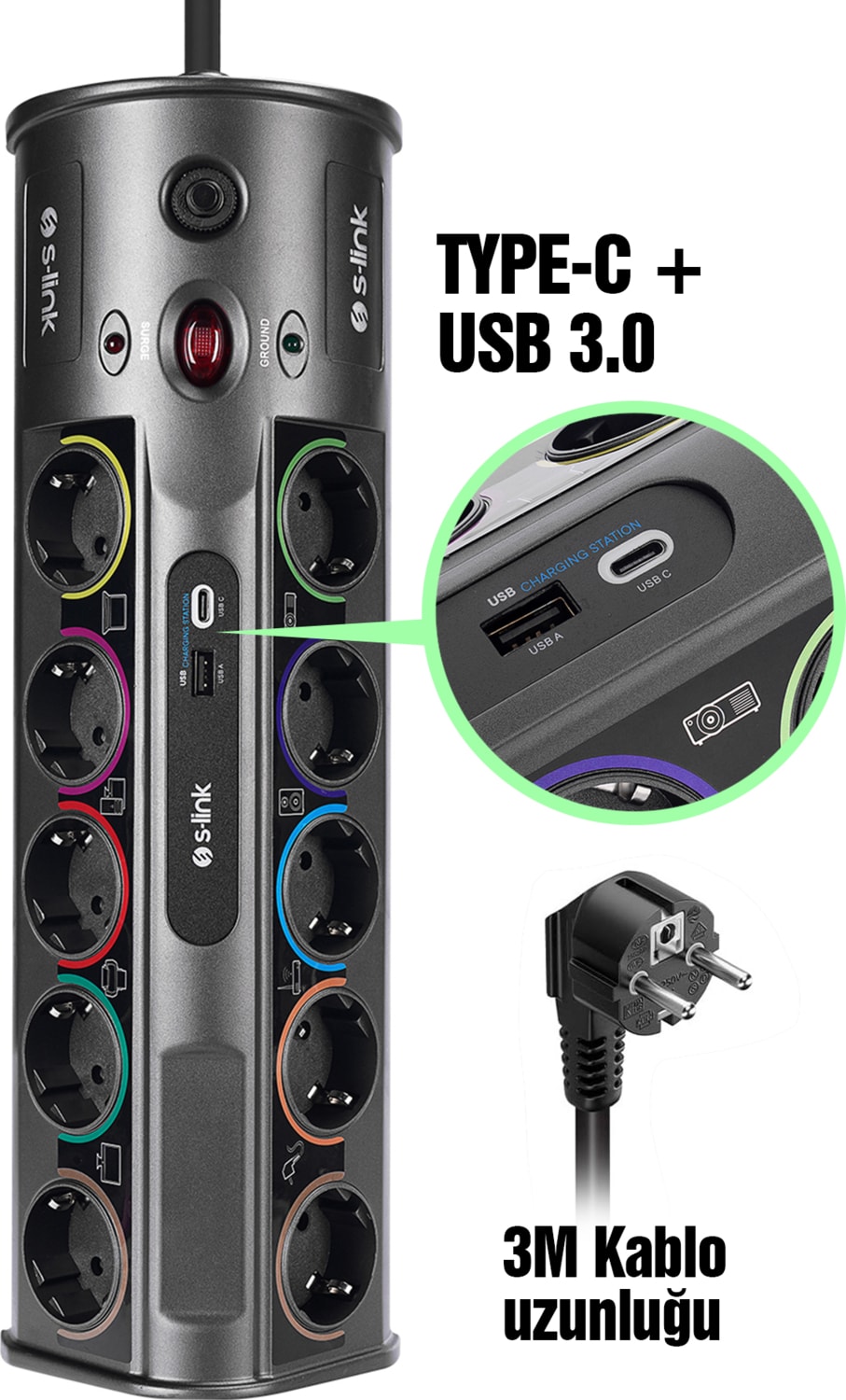 Swapp 3m Kablolu SP10AF 3m 1860 Joule 1.5 mm 1 USB 1 Type-C 2.1A/5V 16A 250V 3680W 10'lu Akım Korumalı Priz