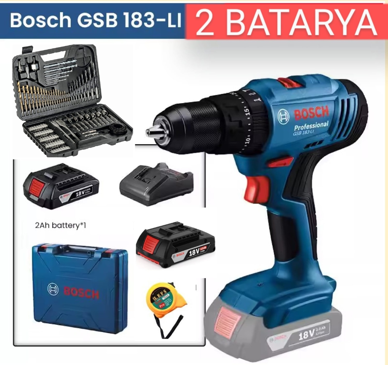 BOSCH Gsb 183 Li Çift Bataryalı Darbeli Matkap Vidalama ,bosch 103 Parça Uç Aksesyar Seti ve Metre