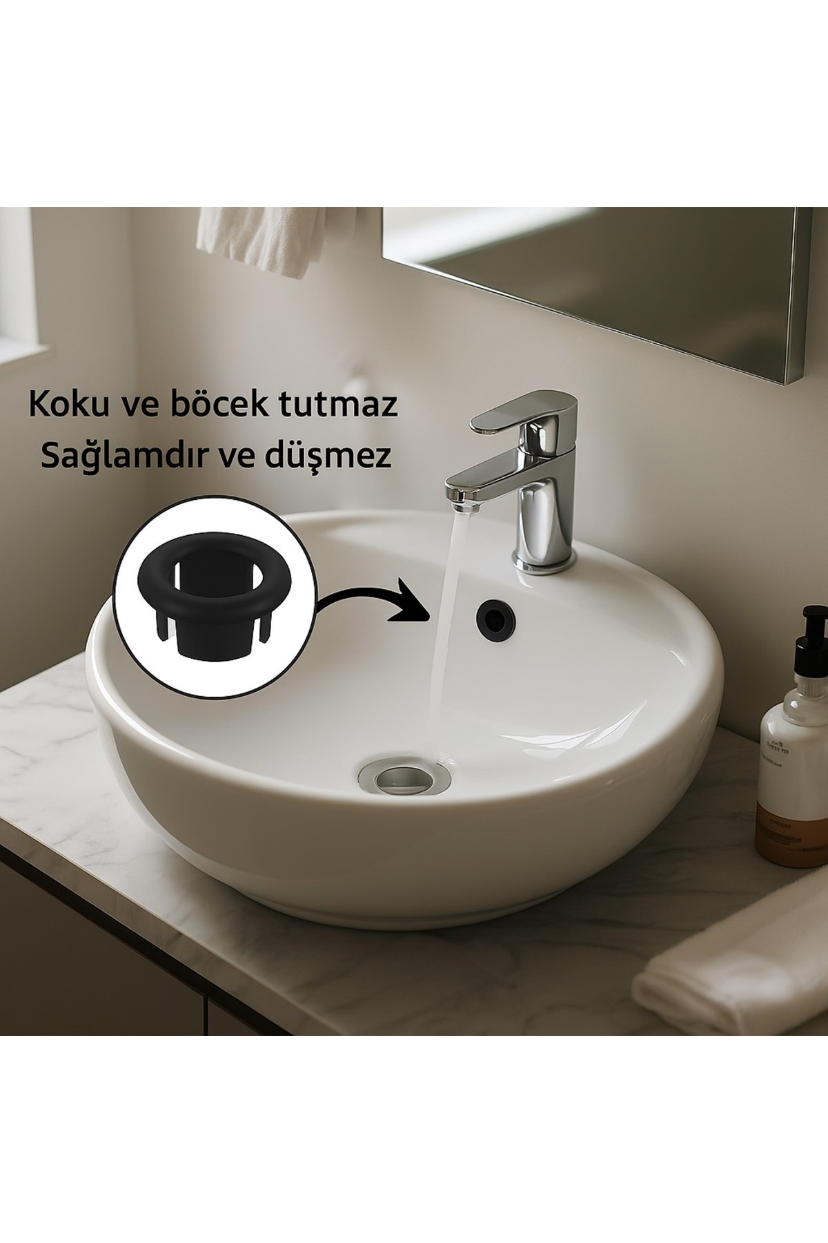 SİYAH RENKLİ, ŞIK TASARIMLI, ESTETİK VE UYUMLU LAVABO TAŞMA YÜZÜĞÜ – STANDART MODEL