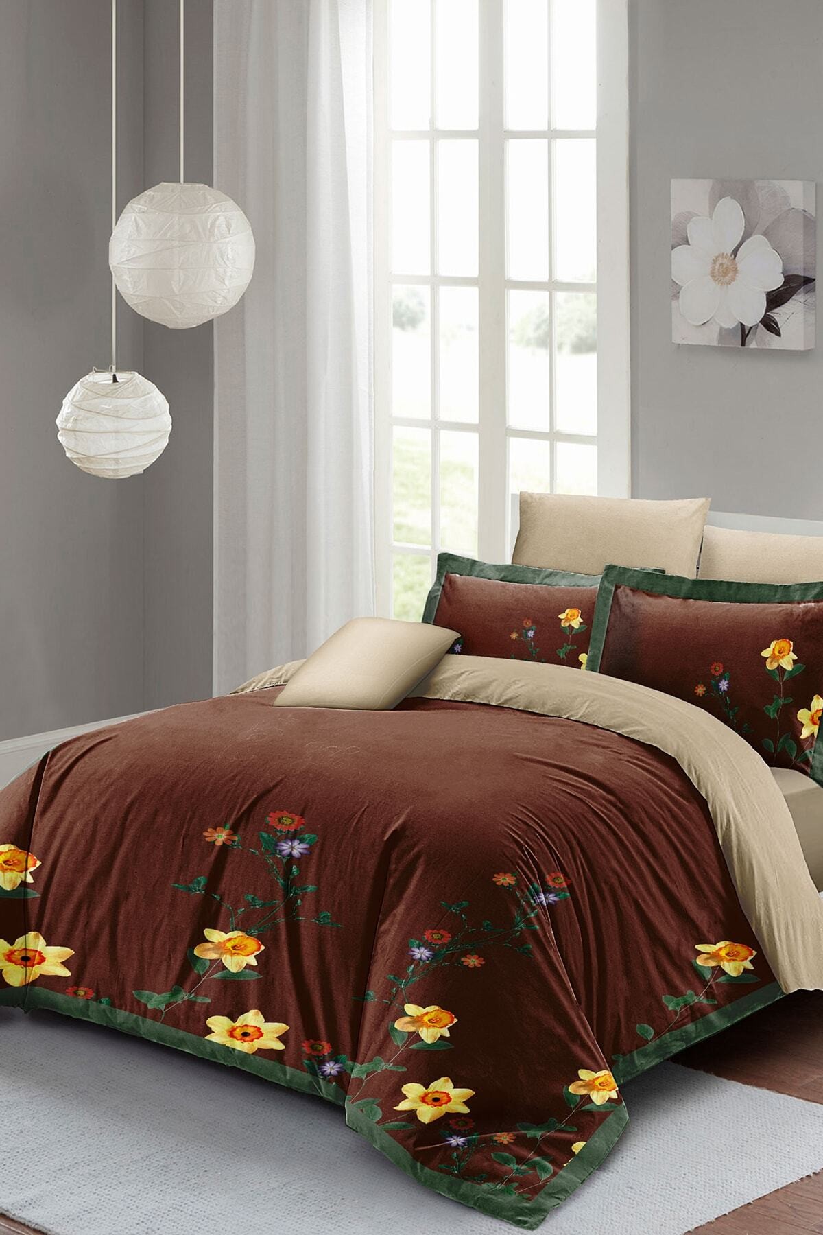 Kıng Sıze Sun Flowers Çift Kişilik Nevresim Takımı 3d Pamuk Saten 220x240cm