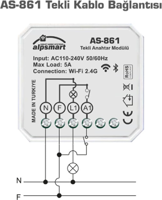 AS-861 Akıllı Wi-Fi Tekli Duvar Anahtarı Modülü Tuya Uyumlu