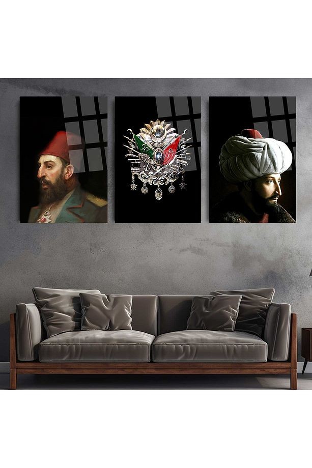 3 LÜ OSMANLI TUĞRASI FATİH SULTAN MEHMET 2.ABDULHAMİD TABLO KIRILMAZ CAM TABLO ULTRA CANLI RENKLER
