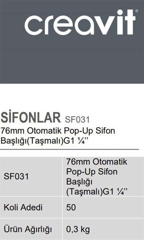 SF031 76 mm Otomatik Pop-Up Sifon Başlığı (Taşmalı) G1 1/4''