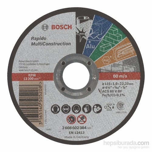 - Rapido Serisi Çoklu Malzemeler İçin Düz Kesme Diski (Taş) - Acs 60 V Bf, 115 Mm, 1,0 Mm