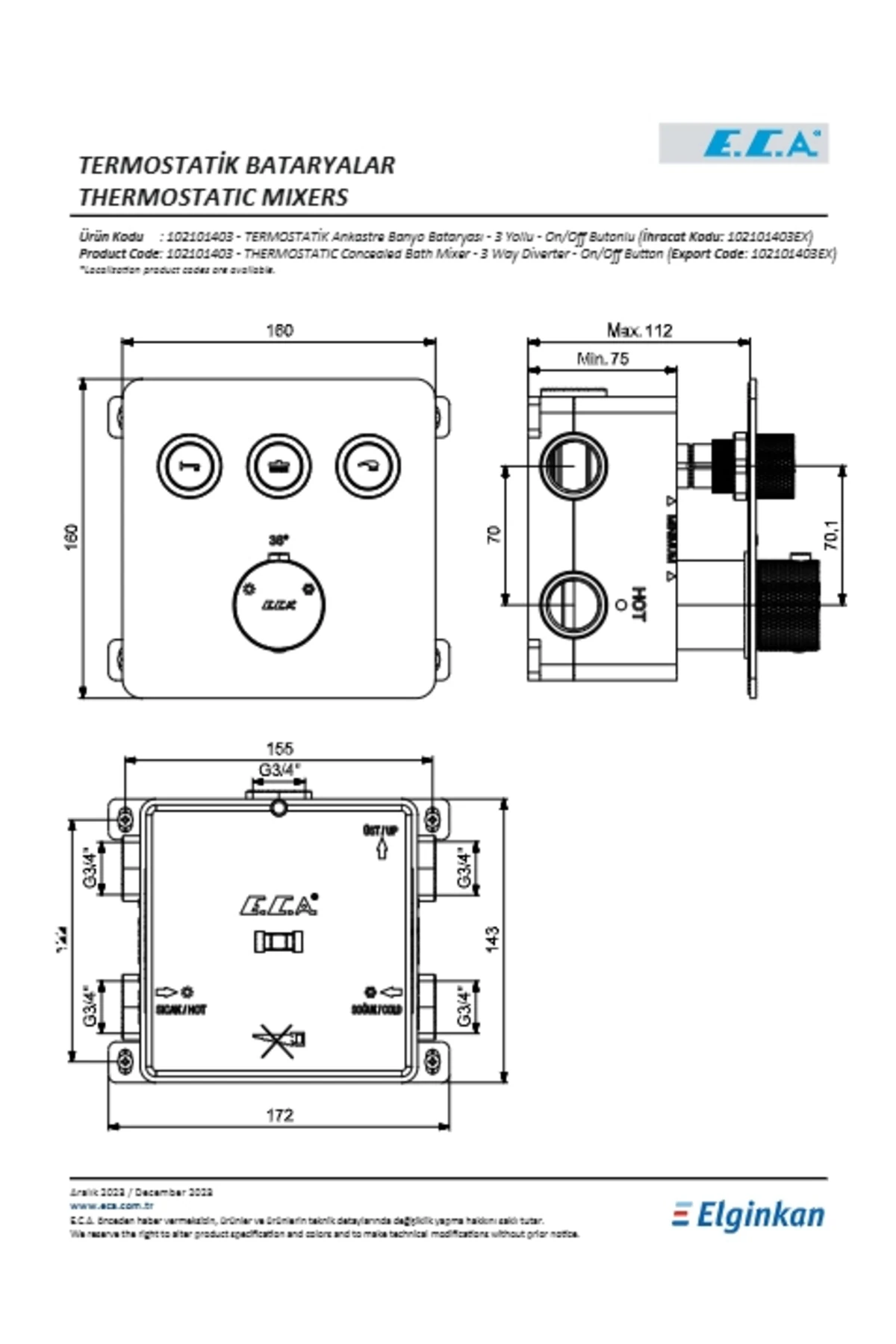 Termostatik Ankastre Banyo Bataryası Sıva Üstü -Sıva Altı 3 Yollu