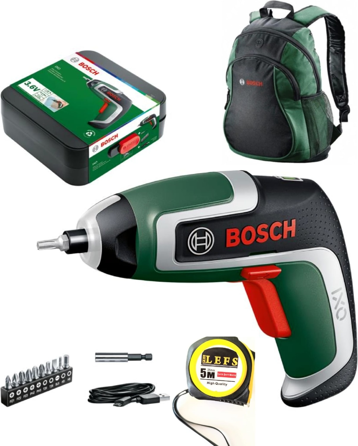 BOSCH Ixo 7 Nesil 3.6 V Akülü Mini Vidalama Şarjlı Tornavida,  Sırt Çantası ve Metre