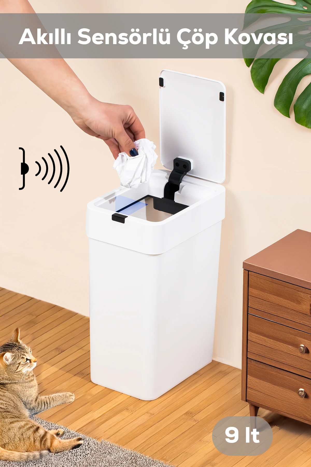 Hareket Sensörlü Sessiz Kapatma Çöp Kutusu Banyo Mutfak Çöp Kovası Kapaklı Banyo Çöp Kovası 9 Lt.