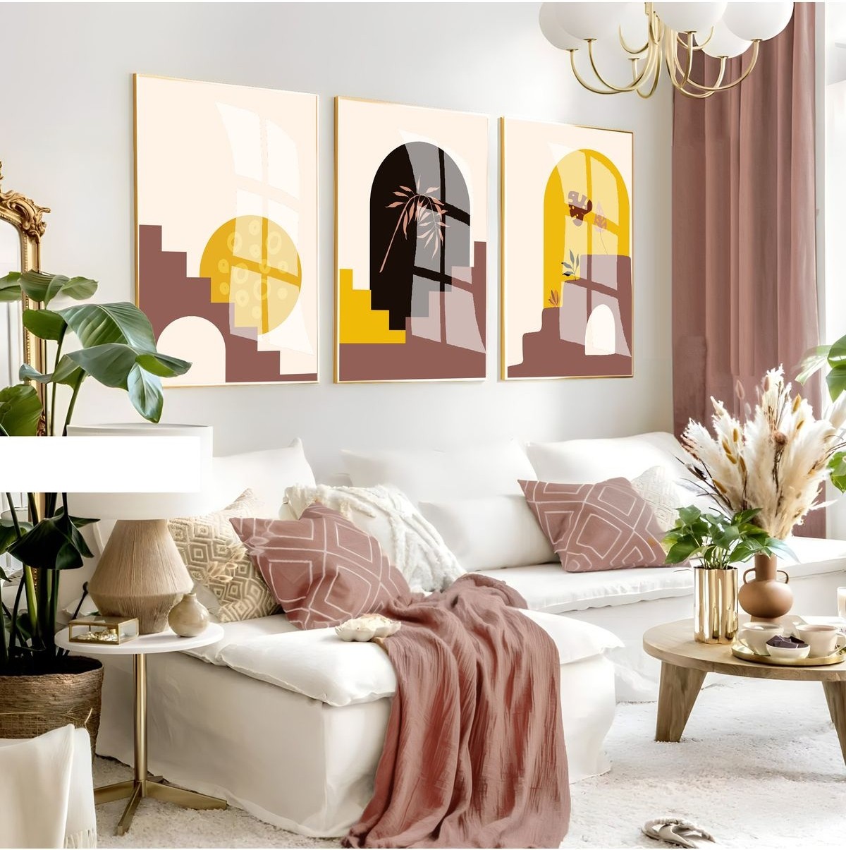 |krem-Sarı-Siyah Minimalist Bohem Yapraklı Seti |çerçeveli Cam Tablo 3lü Dikey