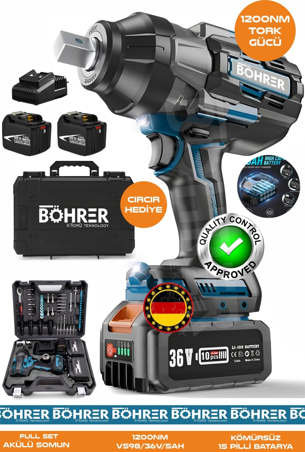 Alman BA01072M Akülü Somun Sıkma Makinesi | 1200 Nm Tork – 36V 5AH | Darbeli Lokma – Ağır Hizmet Tipi