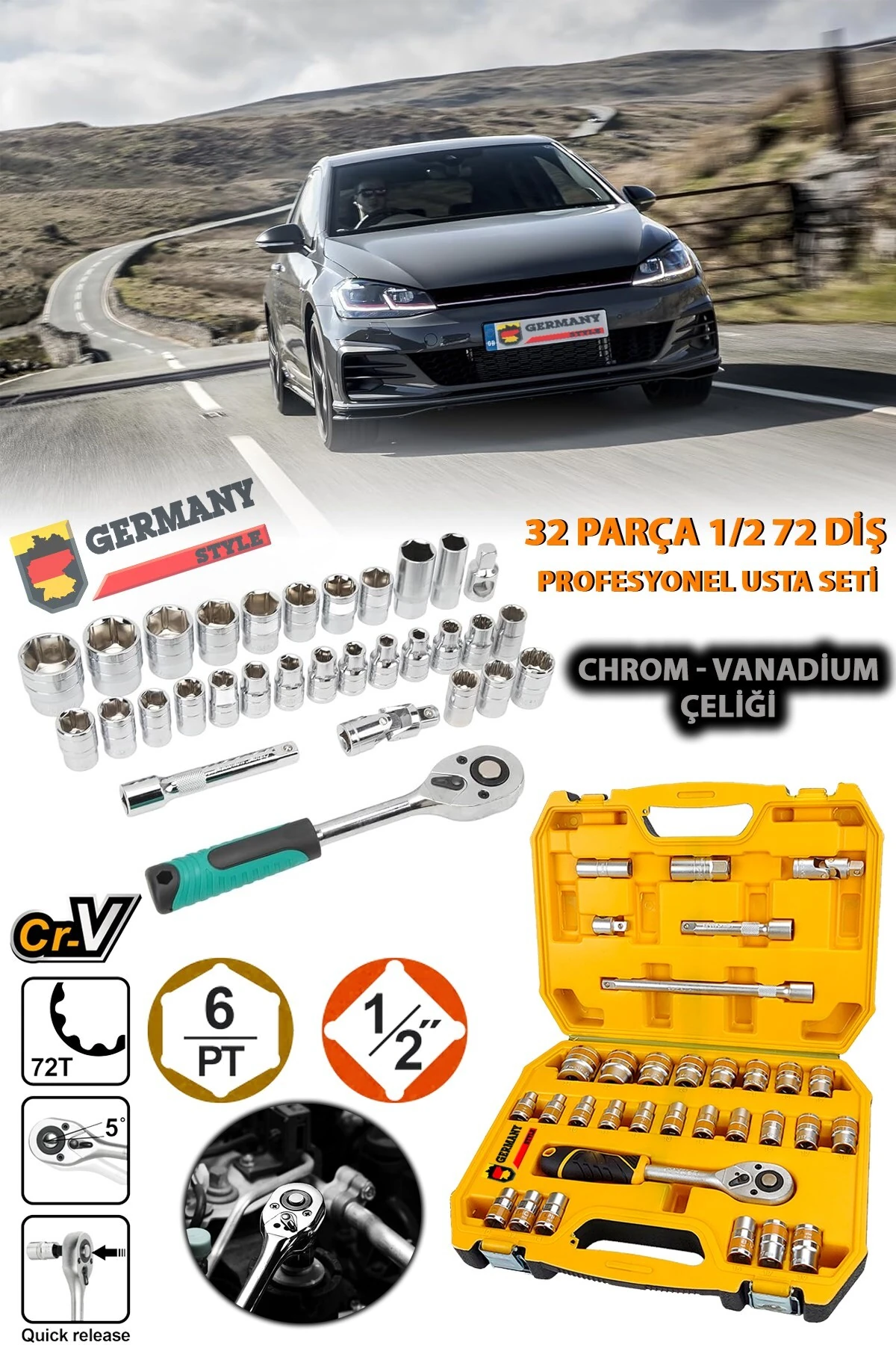 1/2 Lokma Takımı 32 Parça 72 Diş Profesyonel Usta Seti Lokma Seti Chrom Vanadium Çeliğ