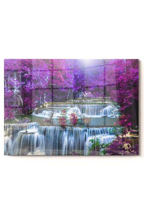 Mor Ağaç Ve Şelale | Doğa Temalı Cam Tablo | 50x70 Cm