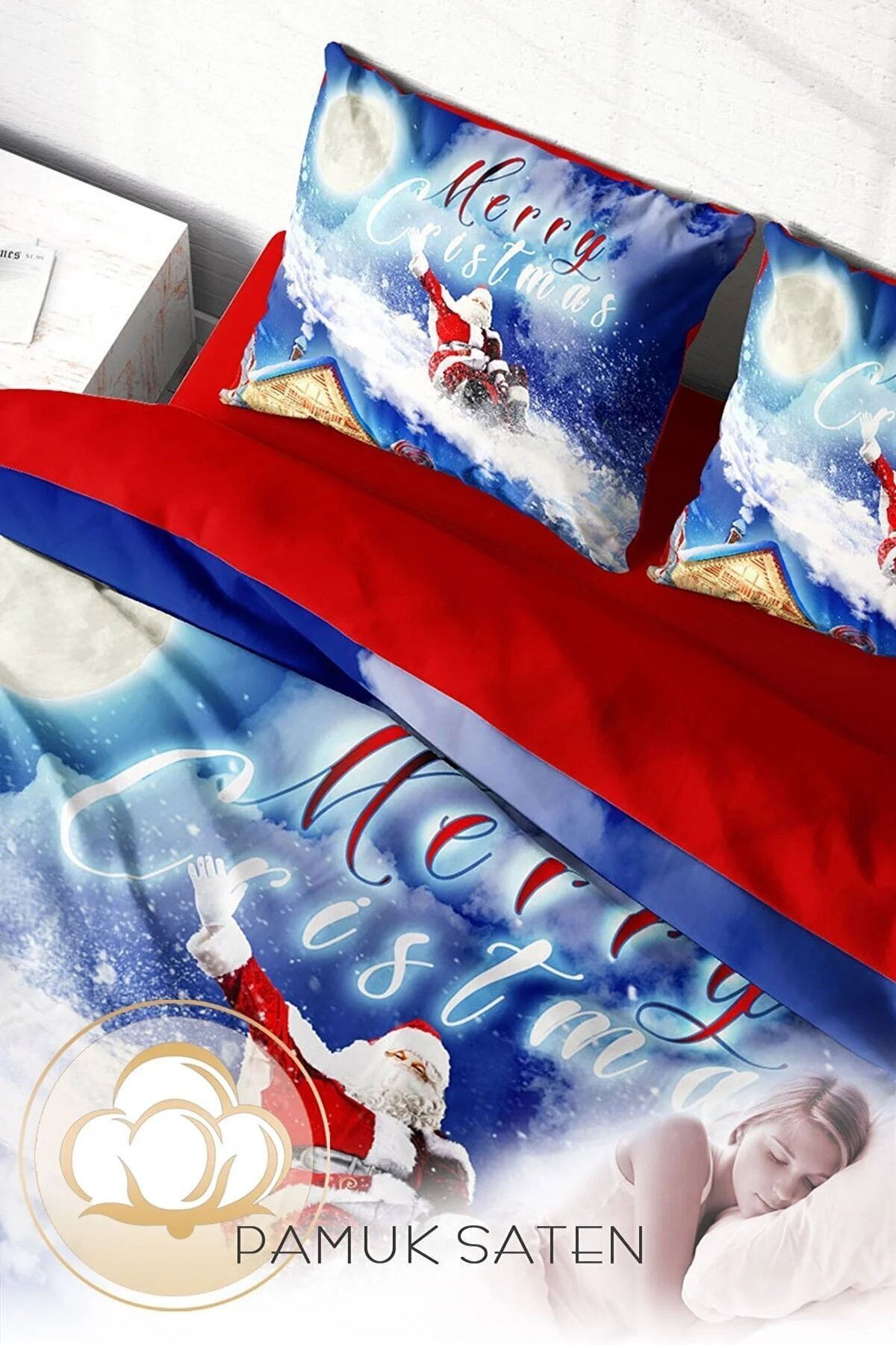 Yılbaşı Süsü Blue Noel %100 Pamuk Saten 3d Çift Kişilik Nevresim Takımı