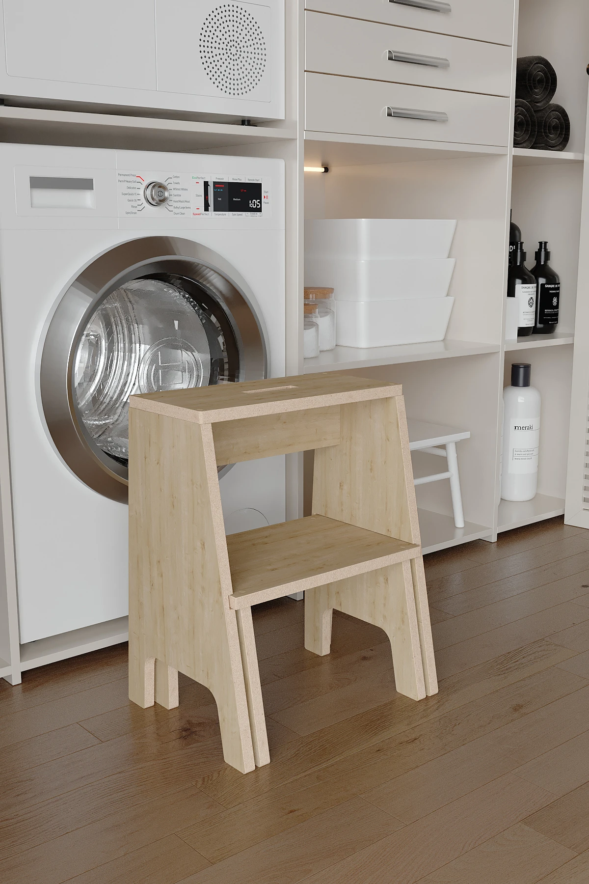 İki Basamaklı Merdiven Tabure Kayar Basamaklı Yer Kaplamayan Sağlam Merdiven MDF LAM Safir Meşe