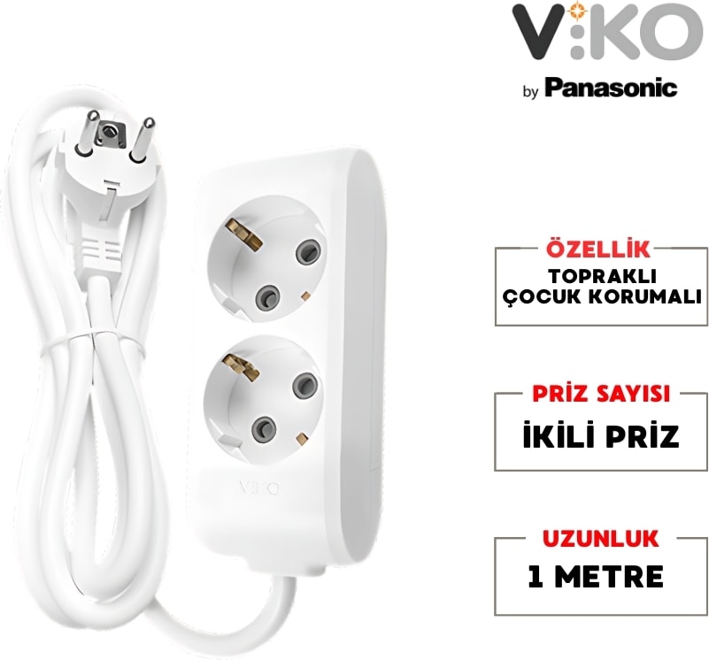 | Ikili Grup Priz, Topraklı - Çocuk Korumalı Çoğaltıcı Priz, 2'li, 1 M, Beyaz