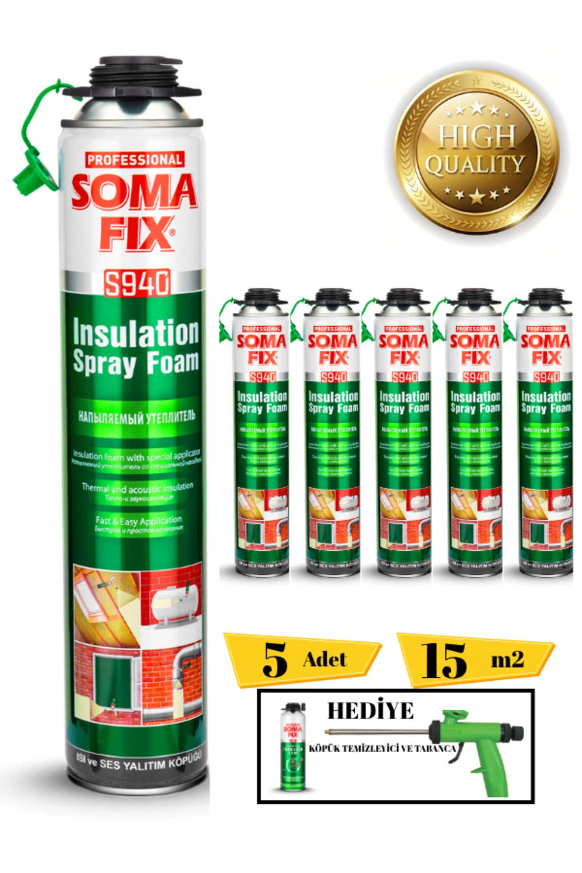 Poliüretan Termal Isı Ve Ses Yalıtım Sprey Köpük (5 ADET) Tabanca Ve Temizleyici Hediyeli