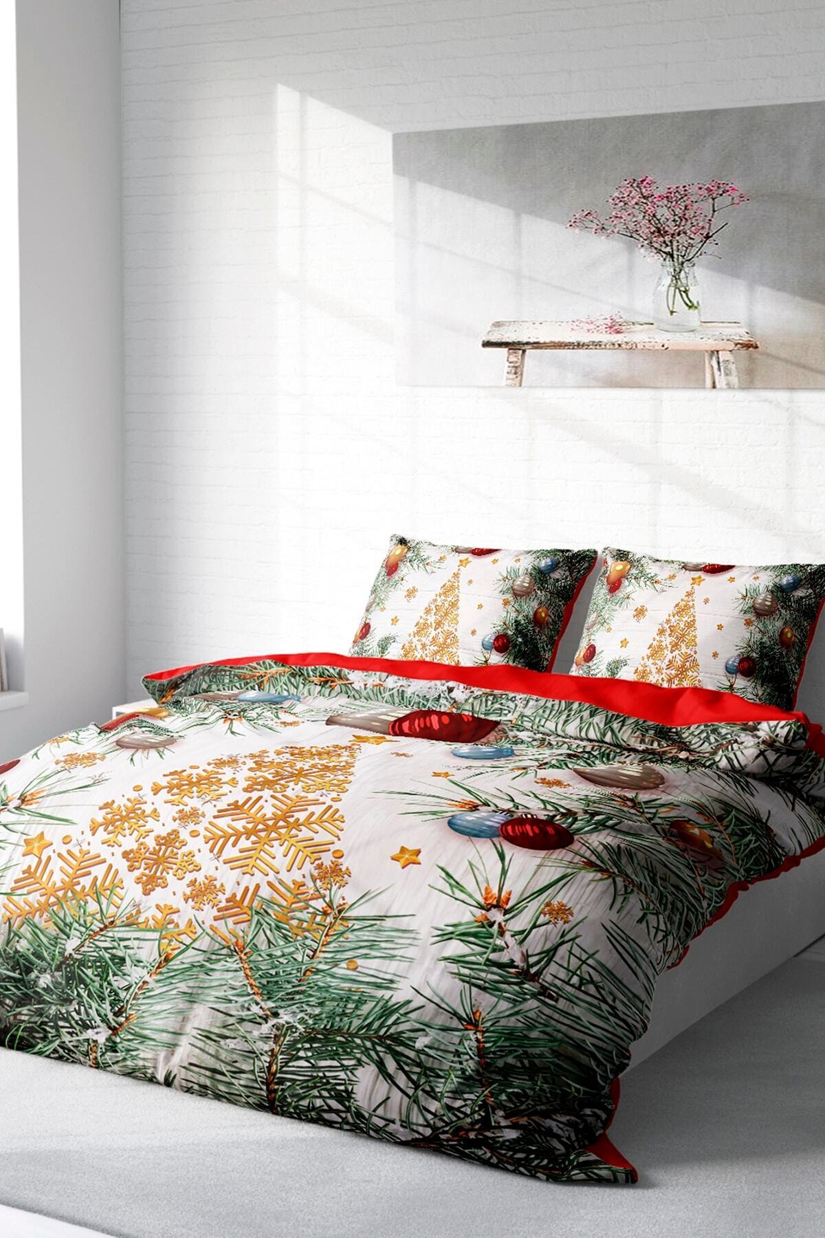Kıng Sıze Yılbaşı Merry Christmas Çift Kişilik 3d Nevresim Takımı Pamuk Saten Pine 220x240cm