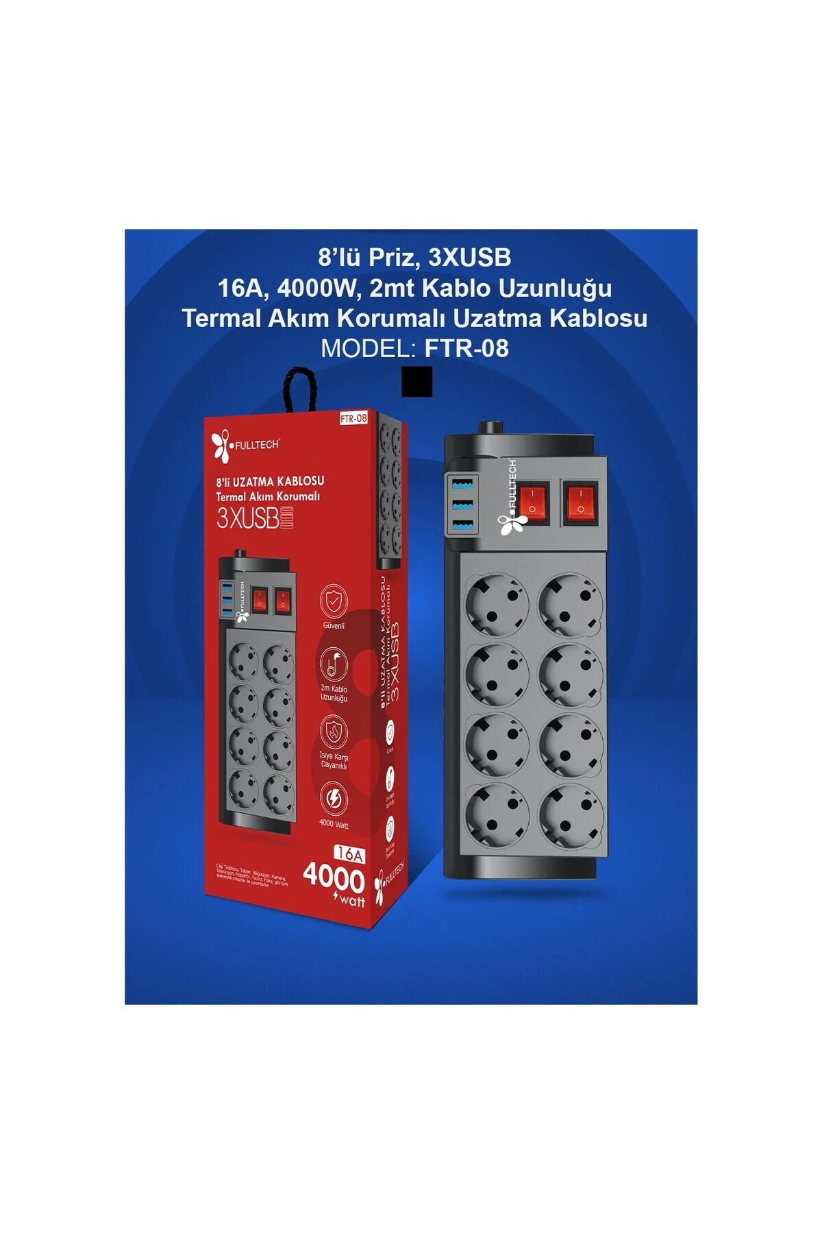Fulltech Ftr-08 8’li Termal Akım Korumalı 3 Usb Li Priz (K246)