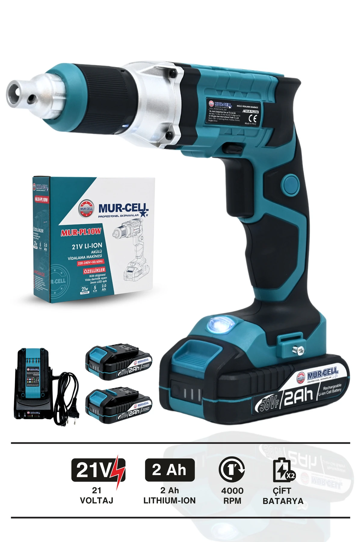Mur-pl10w-mavi 21v 2.0ah Profesyonel Çift Batarya Şarjlı Alçıpan Vidalama