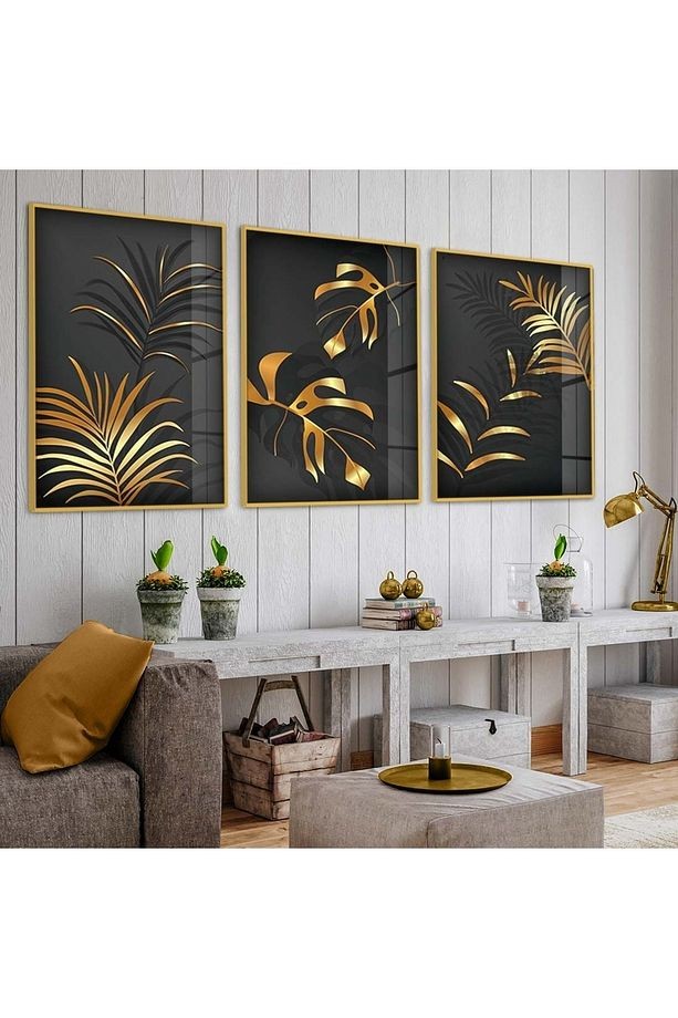 Gold Metal Çerçeveli Soyut Desen Çiçek Üçlü Kırılmaz Cam Tablo Seti