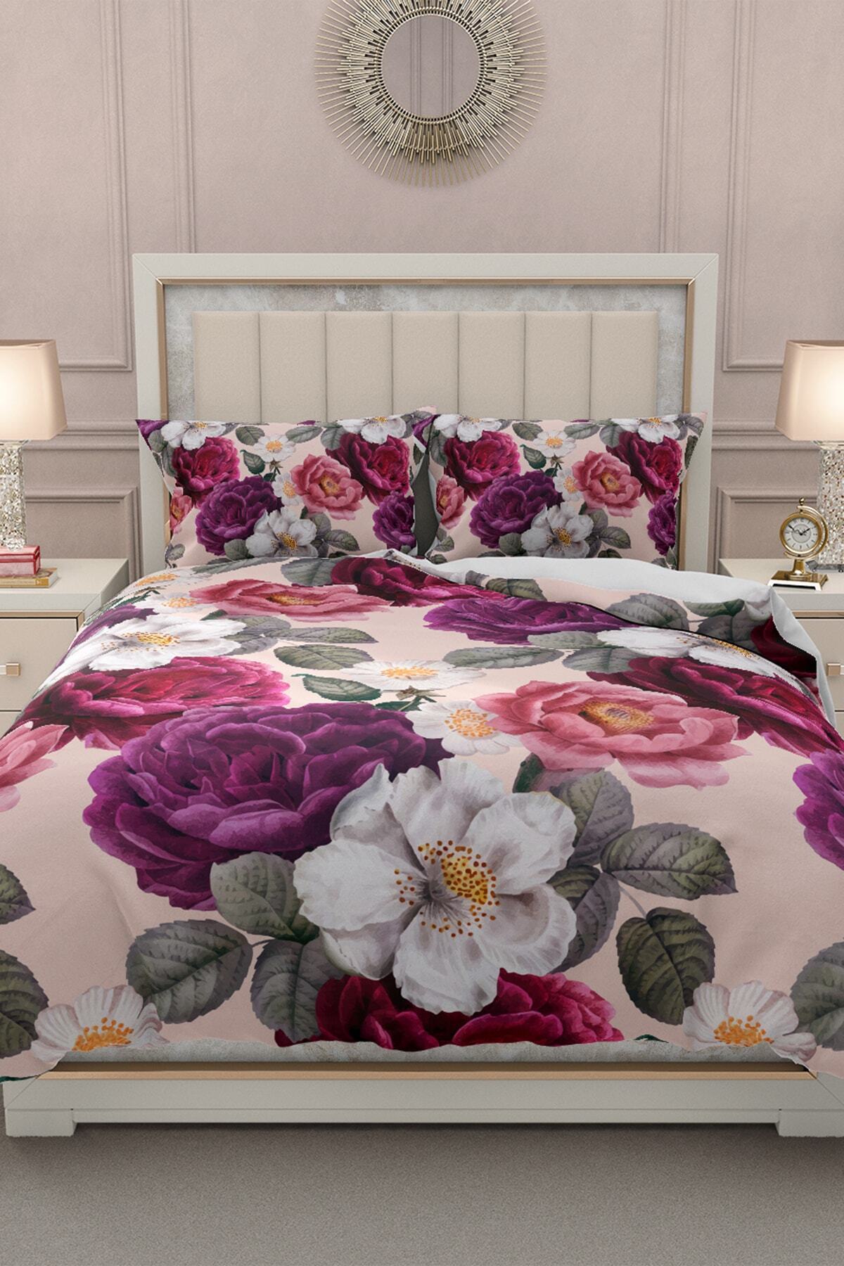 Lastikli Çarşaflı %100 Pamuk Saten Çift Kişilik Nevresim Takımı Flower Dream