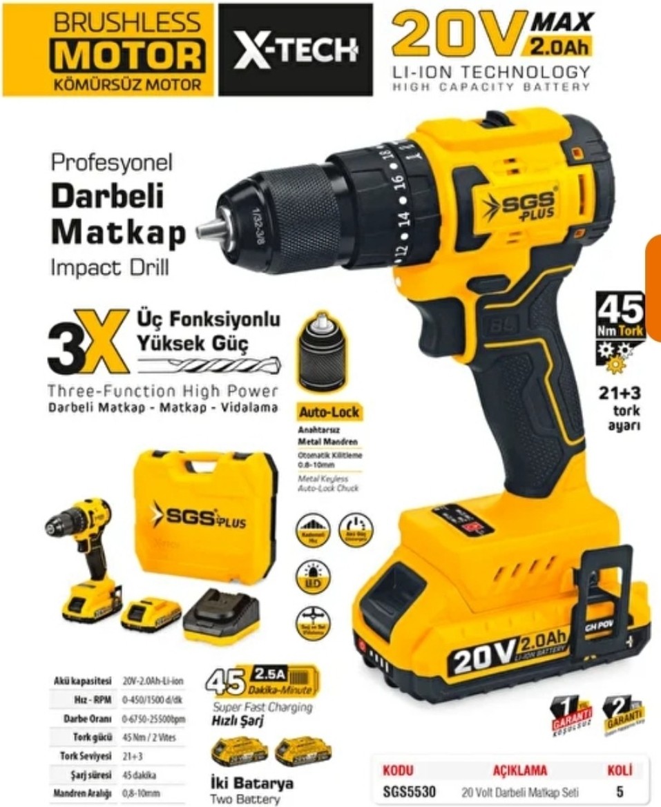 Akülü Darbeli Matkap Seti 20 Volt - 2 Amper SGS5530