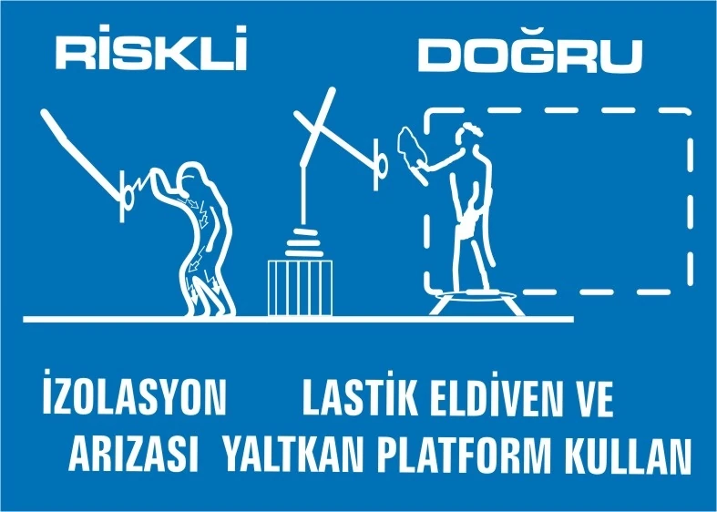 Riskli Doğru İzolasyon Arızası Lastik Eldiven ve Yalıtkan Platform Kullan (Kendinden Yapışkanlı Etiket) 17,5 x 25 cm