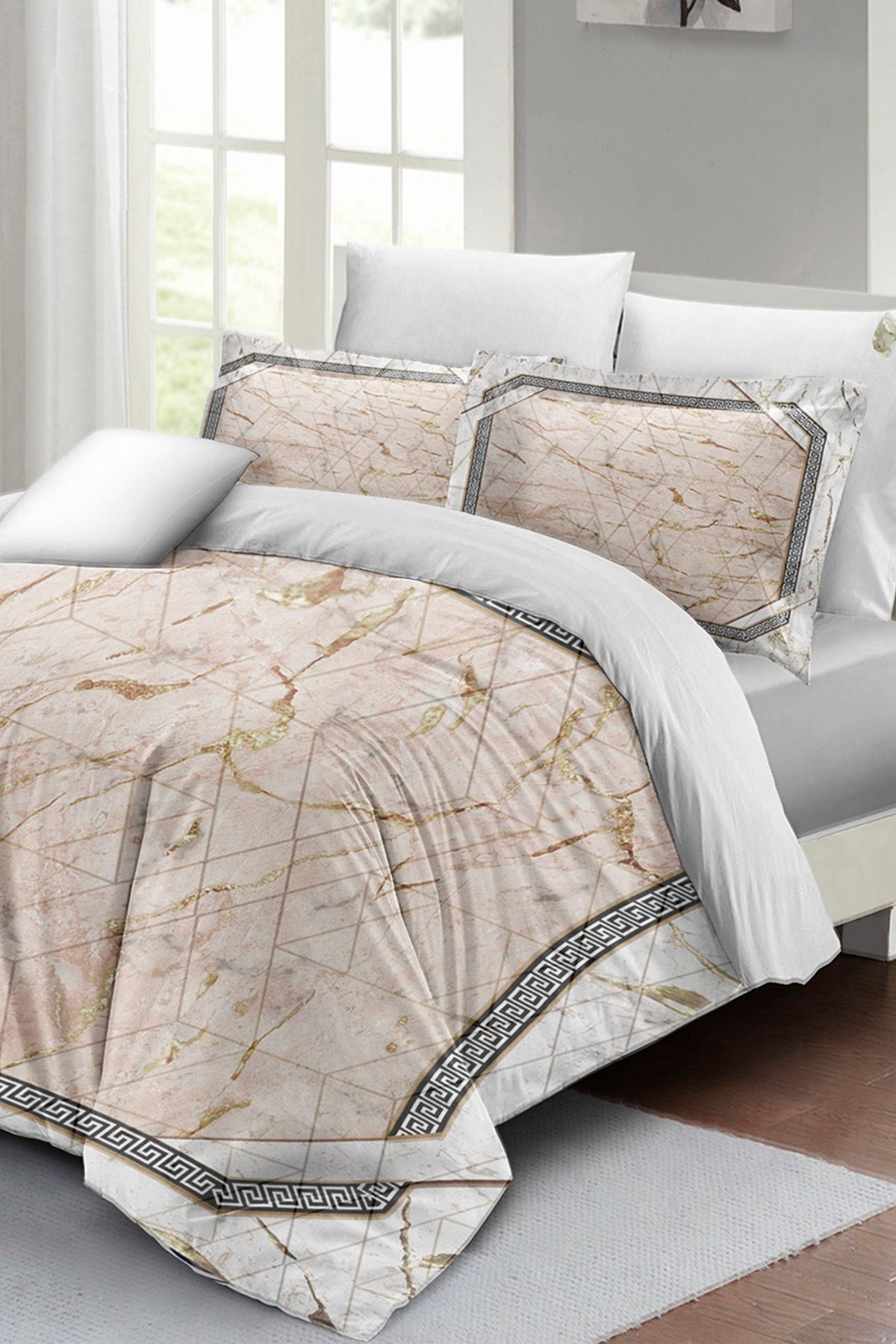 Kıng Sıze Nevresim Takımı Çift Kişilik 3d Pamuk Saten Pink Marble 220x240cm