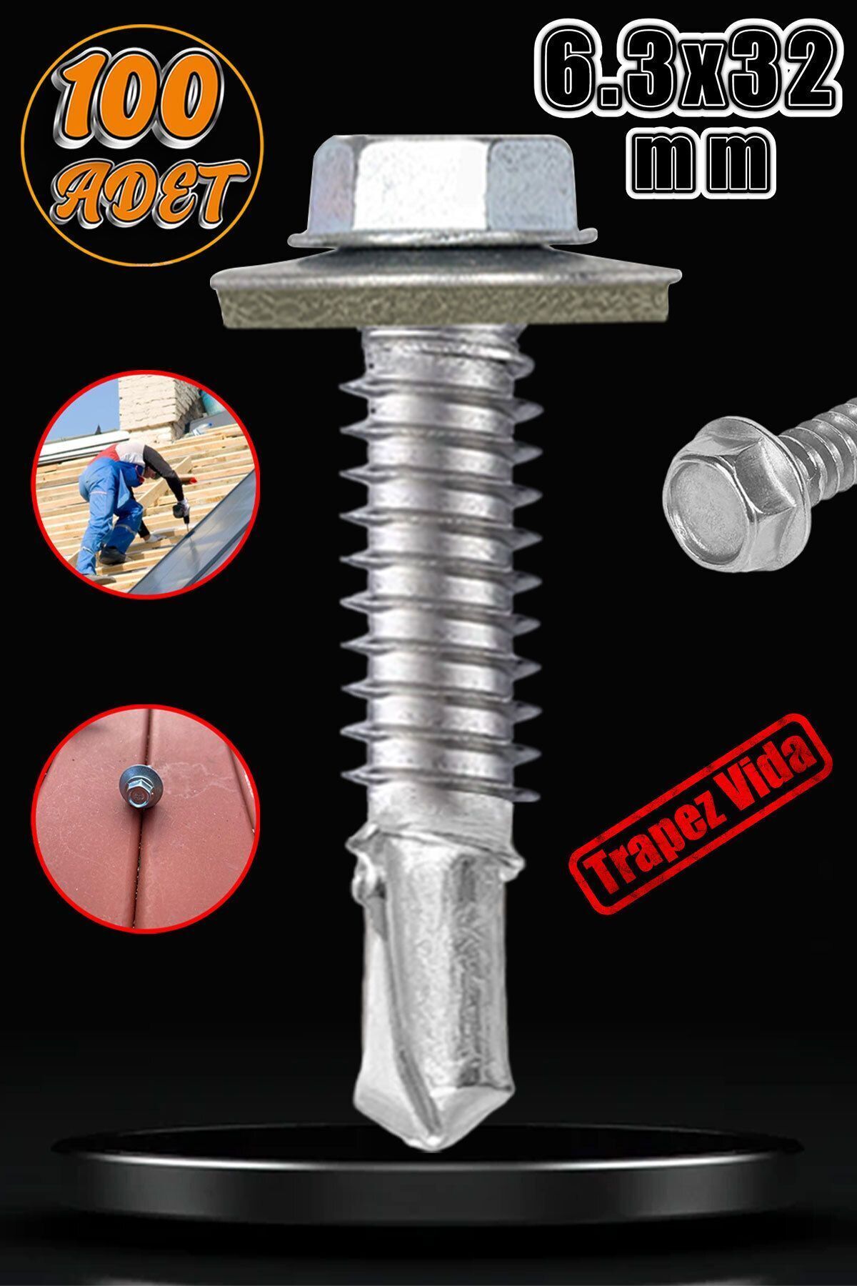 OZKUVVET Trapez Çatı Vidası 6.3x32 mm Paket 100 ADET Matkap Uçlu Sac Akıllı Vida Çatı Panel Metal Ağaç Vidası