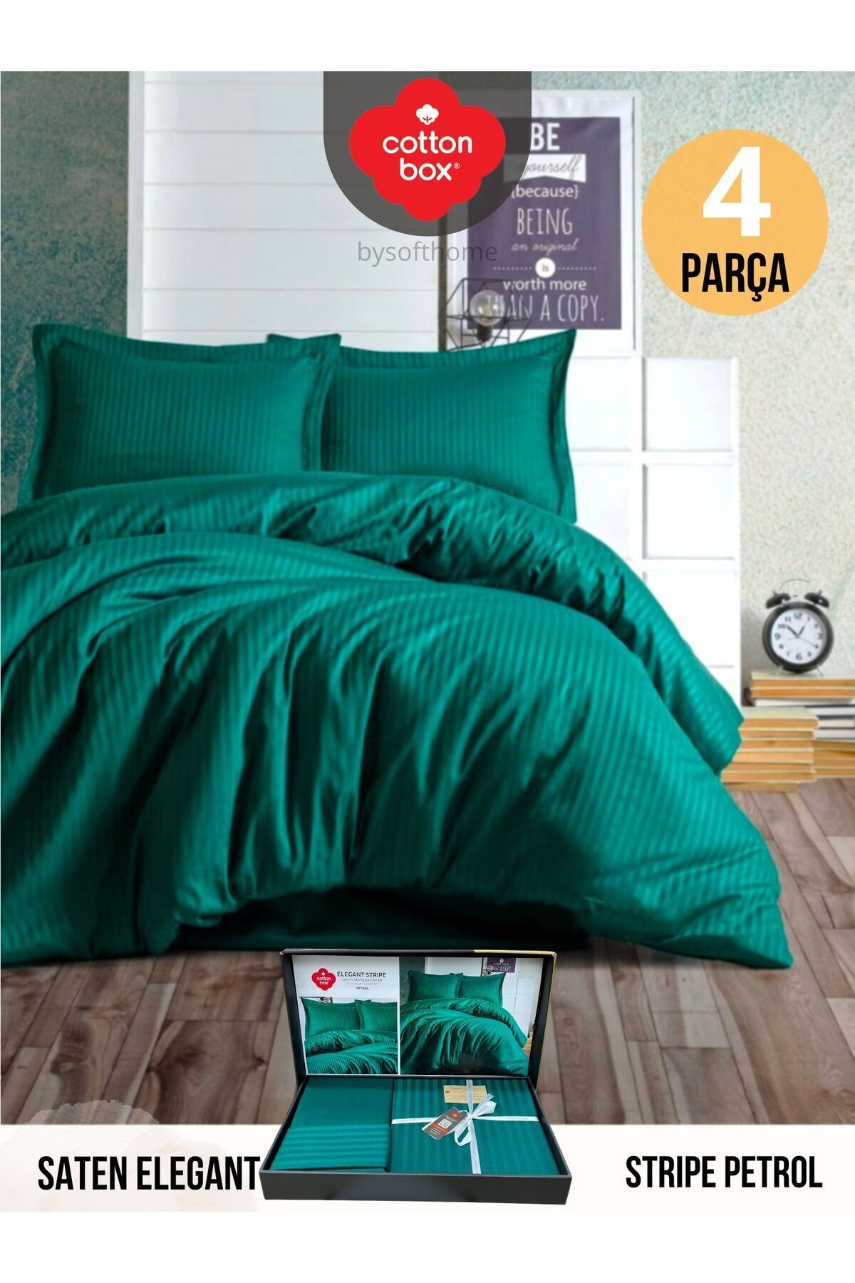 Elegant Stripe Petrol Çift Kişilik Pamuk Saten Nevresim Takımı